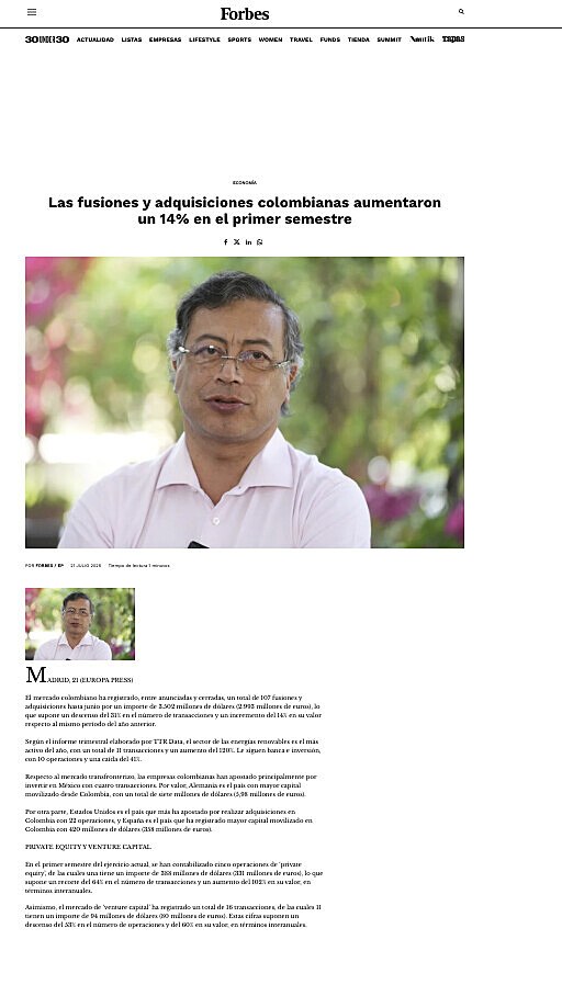 Las fusiones y adquisiciones colombianas aumentaron un 14% en el primer semestre